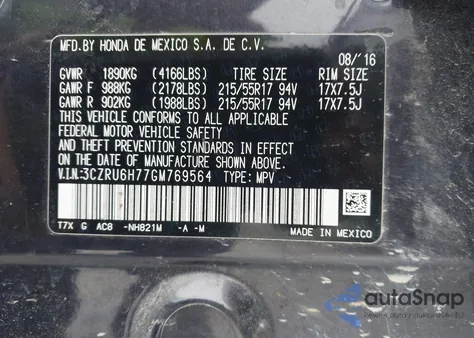 2016 Honda Hr-V Ex-L z USA, uszkodzony, nr VIN 3CZRU6H77GM769564